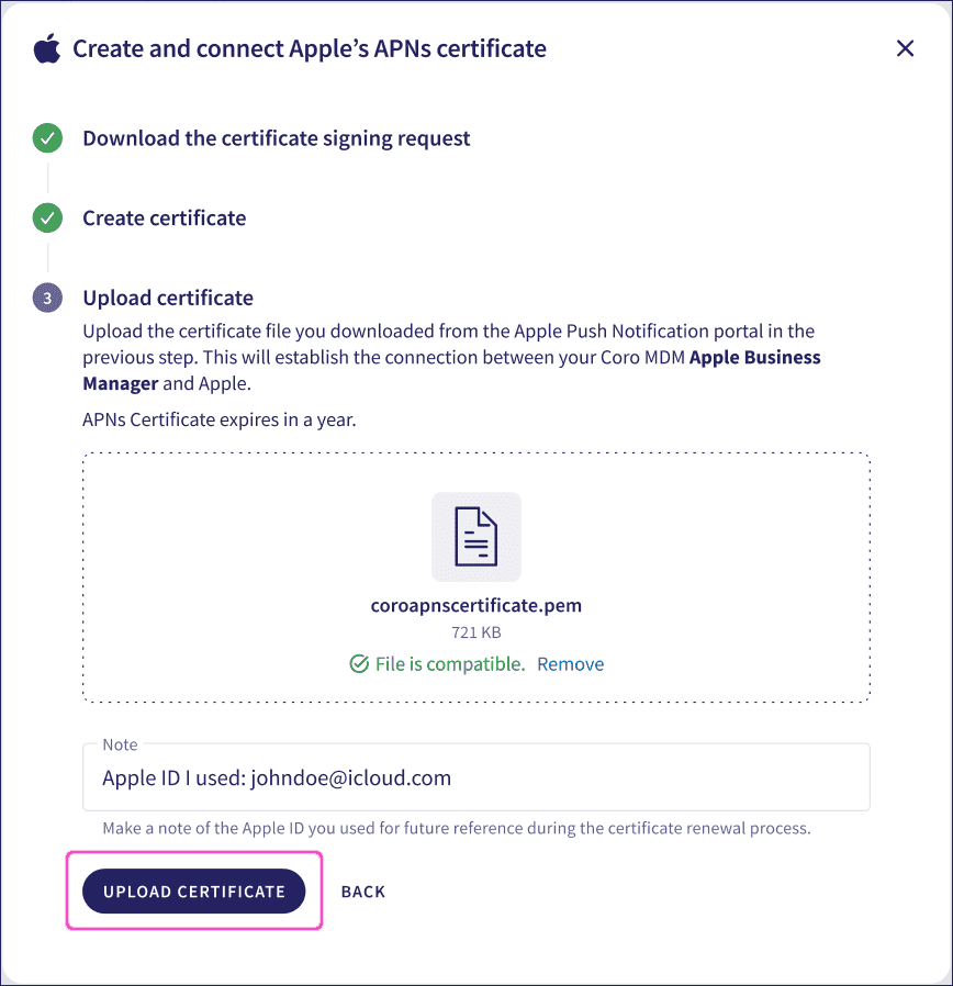 Create and connect APNs certificate final step