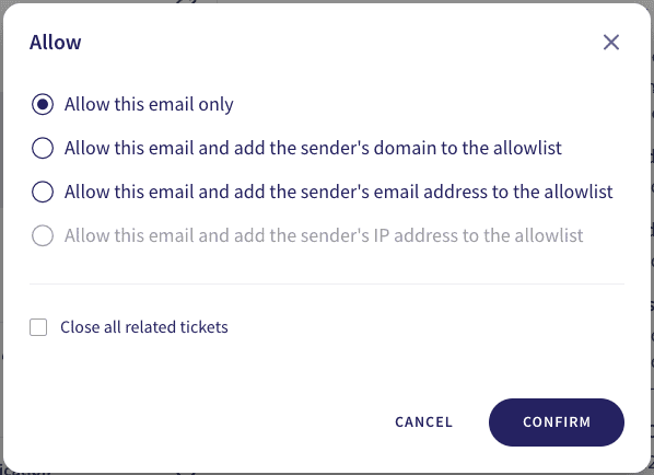 Email Security ticket allow options