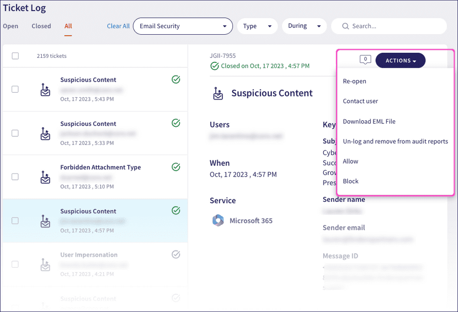 Email Security ticket actions