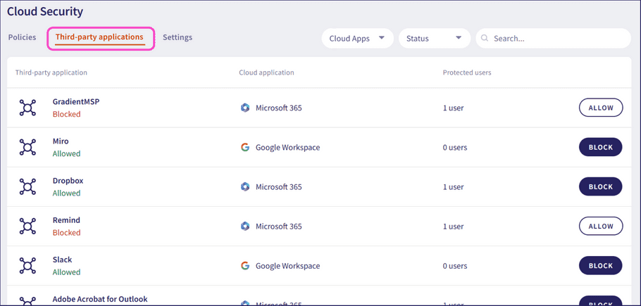 Cloud security configuration page