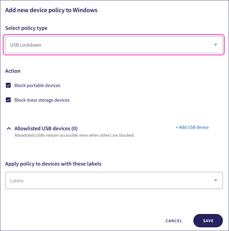 New USB Lockdown policy dialog