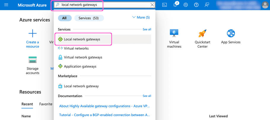 Azure search for local network gateways