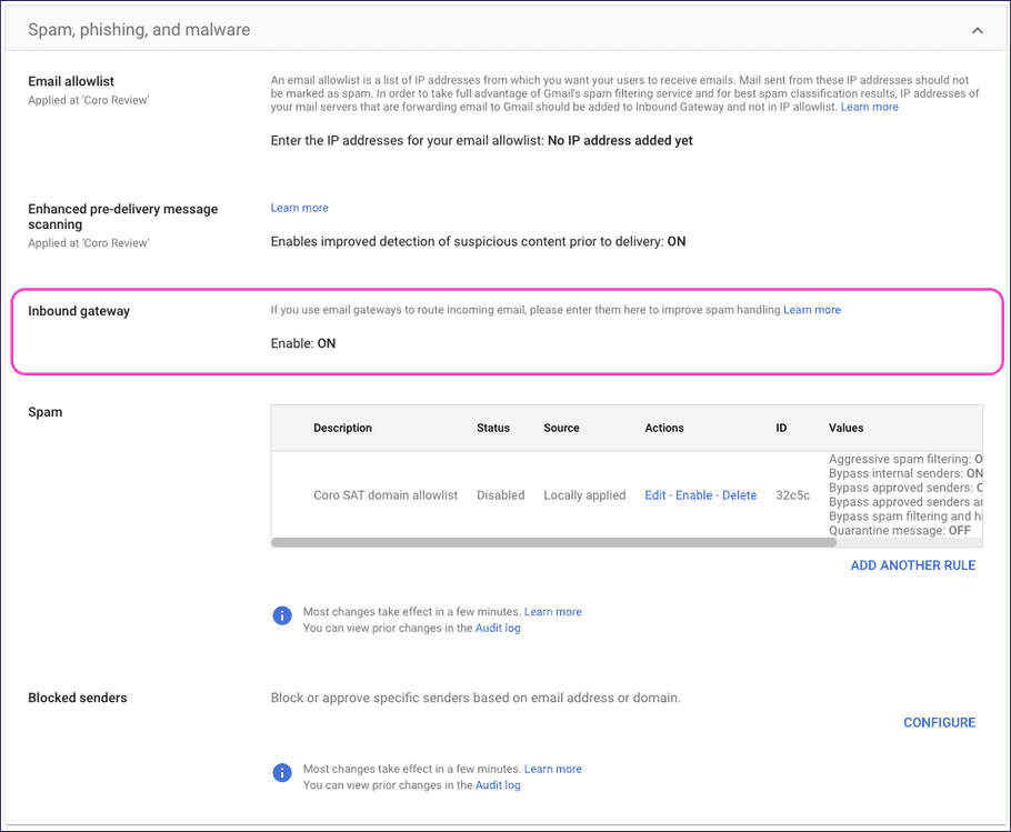 Gmail - selecting Inbound gateway