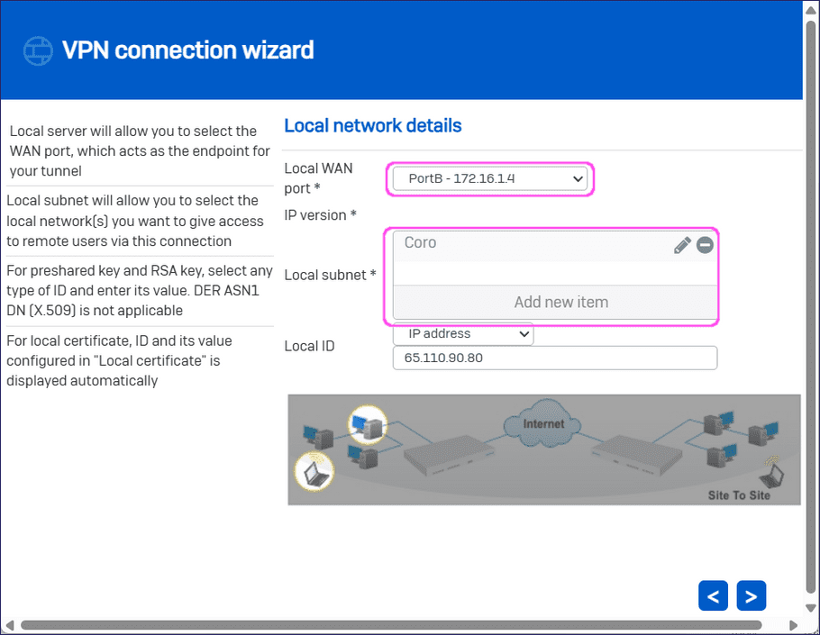VPN connection wizard - local network details