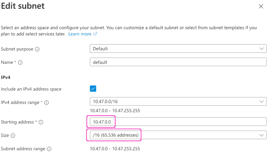 Azure Create virtual networks - set default subnet