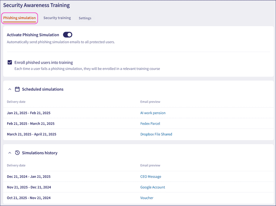 Email Security page - phishing simulation tab