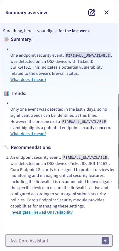 Coro AI ticket summary displayed