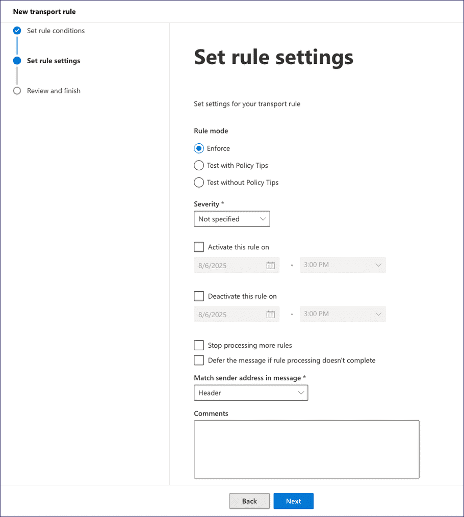 Adding rule settings