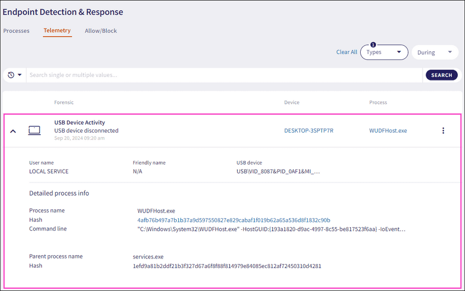 USB device activity detailed process info