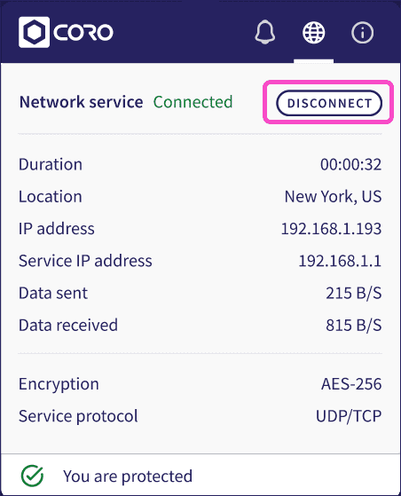 VPN connected with option to disconnect