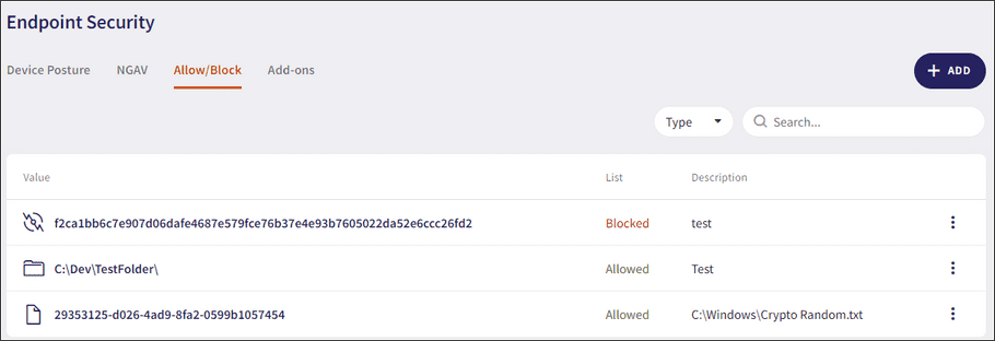 Endpoint Security Allow/Block page