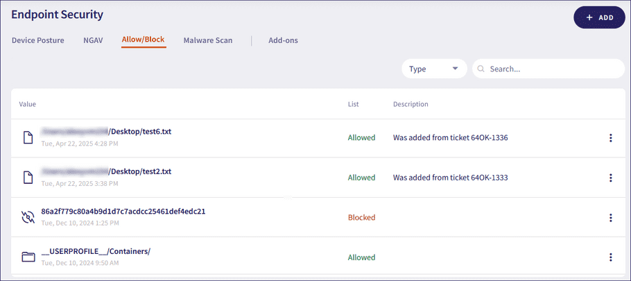 Endpoint Security Allow/Block page