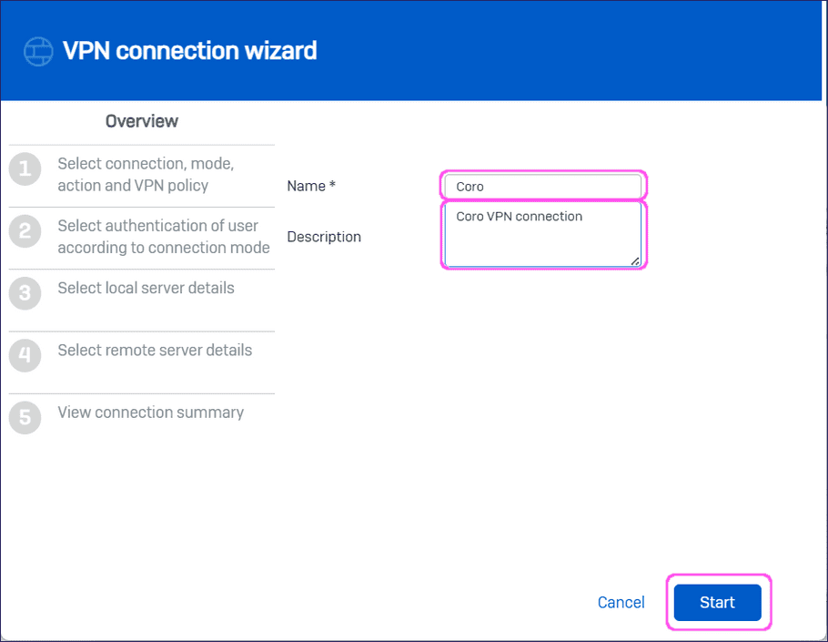 VPN connection wizard start