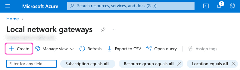 Azure local network gateway create button