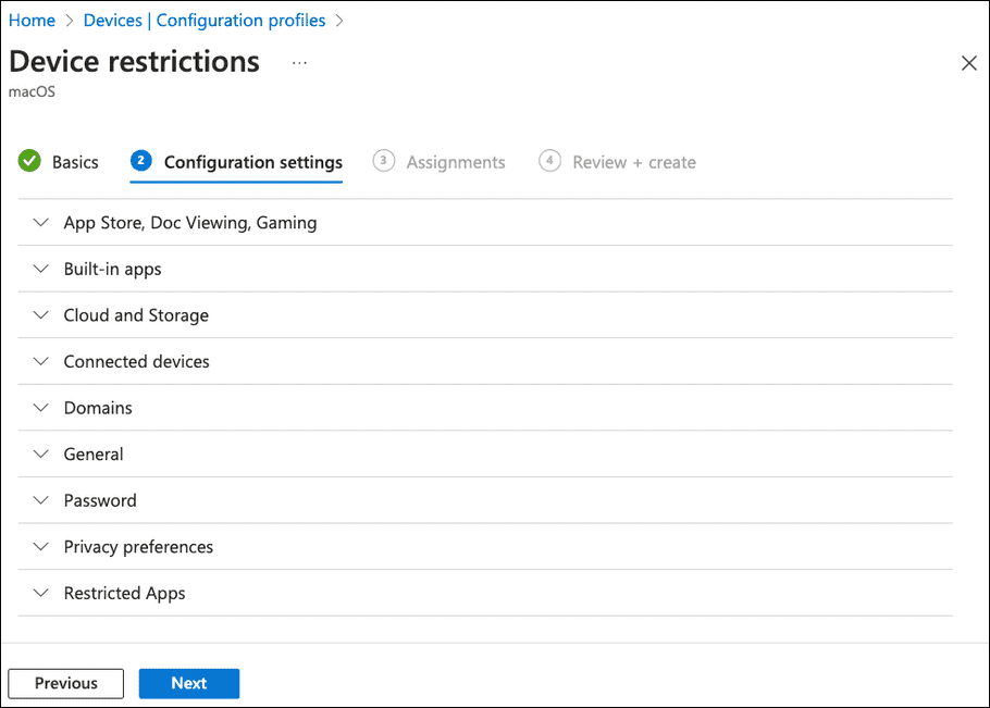 Device restrictions dialog - Configuration settings