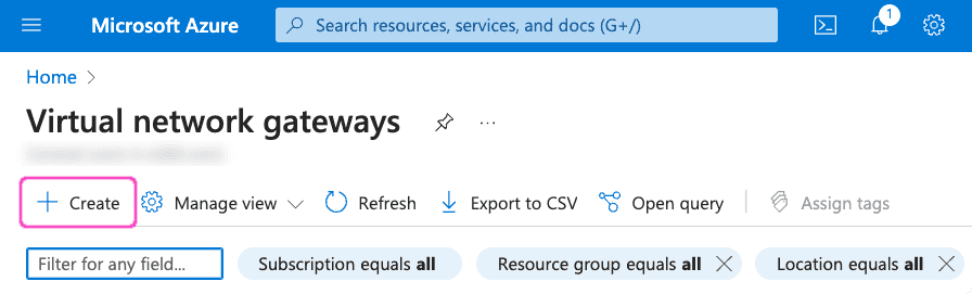 Azure virtual network gateway create button
