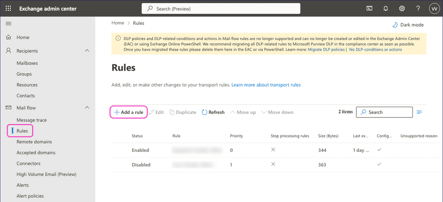 Adding a new transport rule in Exchange admin center