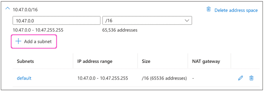 Azure Create virtual networks - Add a subnet