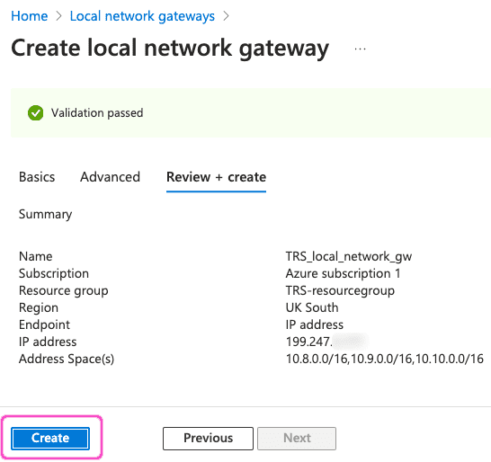 Azure Create local network gateway - Create gateway