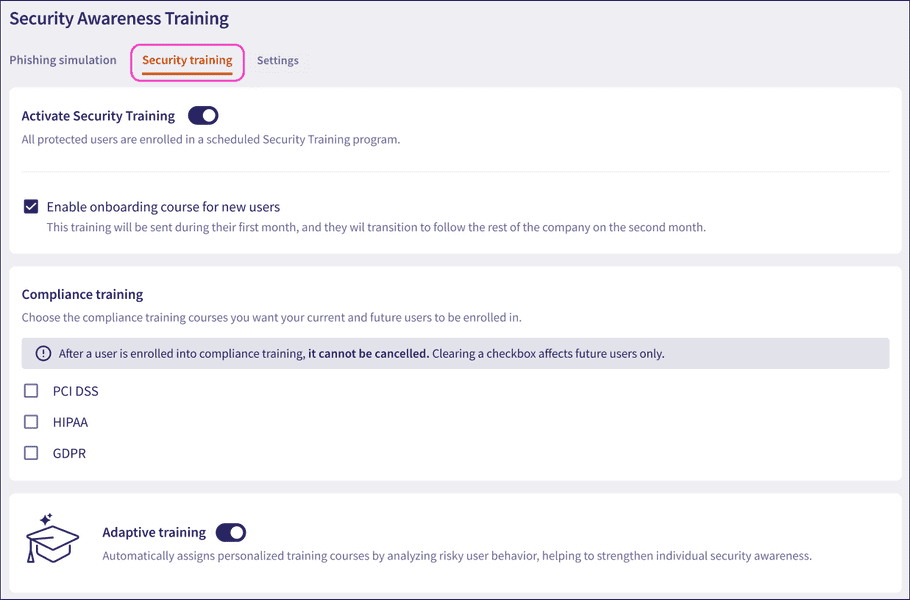Email Security page - security training tab