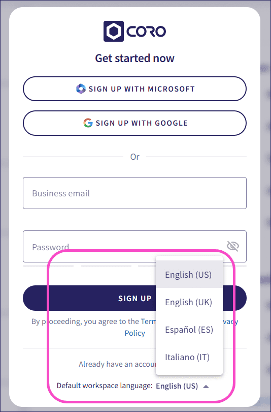 Sign up language