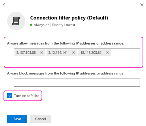 Editing connection filter policy settings