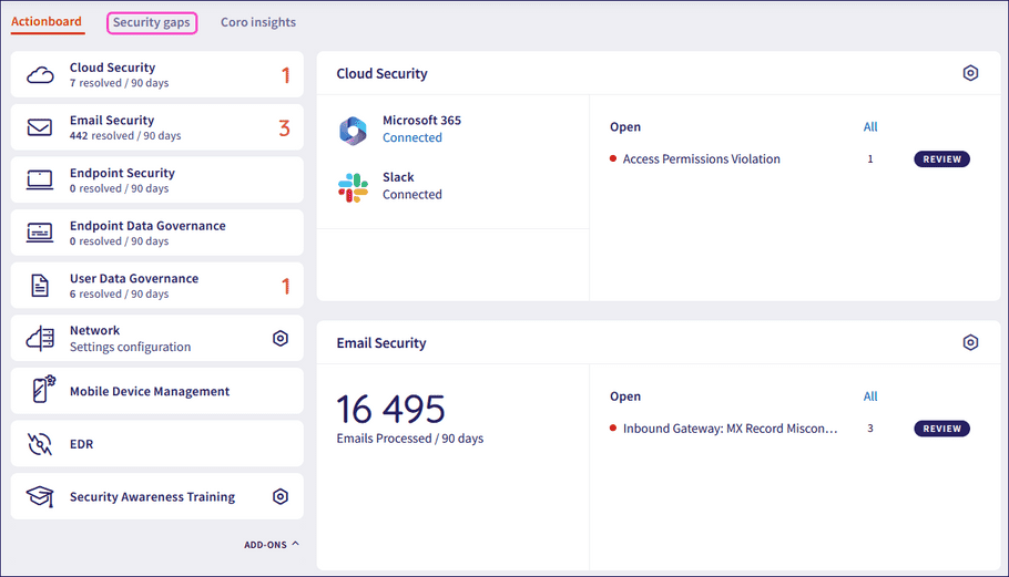 Security gaps tab