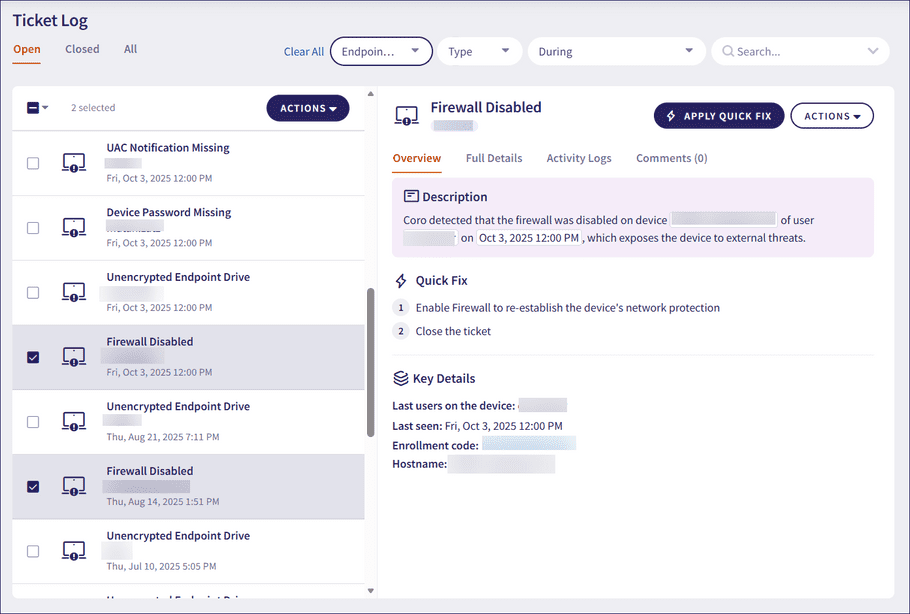 Actions for the Ticket Log