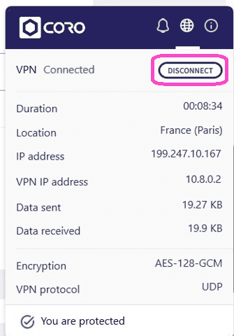 VPN connected with option to disconnect