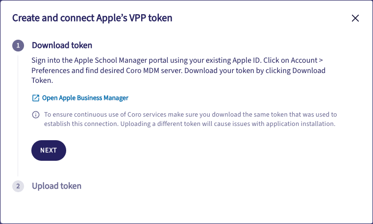 Create and connect Apple's VPP token dialog - step 1