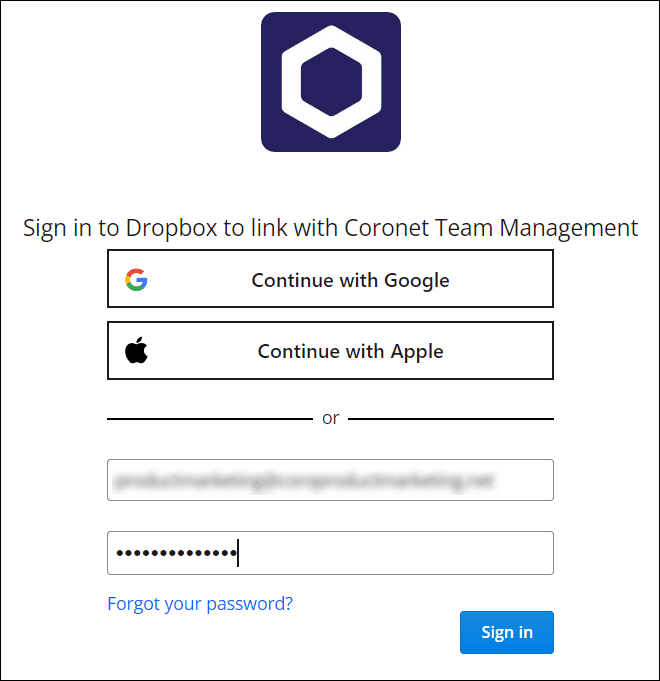 Dropbox link screen