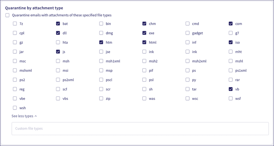 Quarantine emails with attachment file types