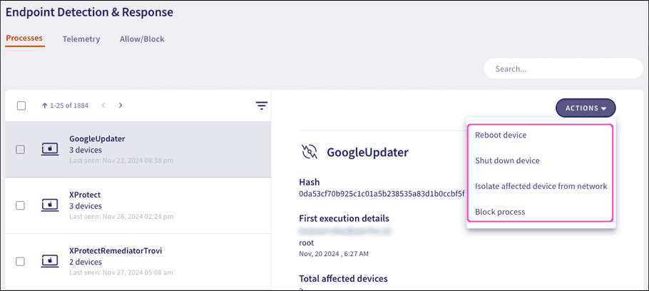 Process actions