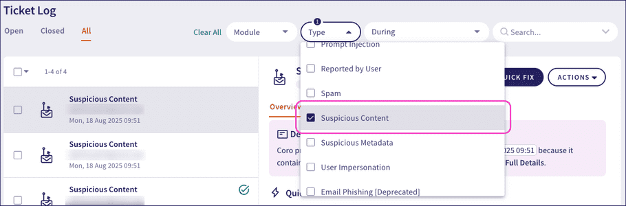 Filter the Ticket log