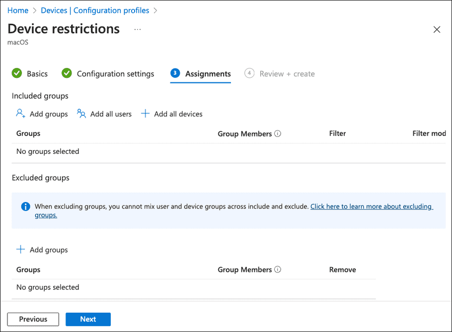 Device restrictions dialog - Assignments