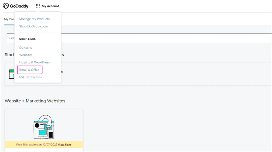 GoDaddy Email and Office link