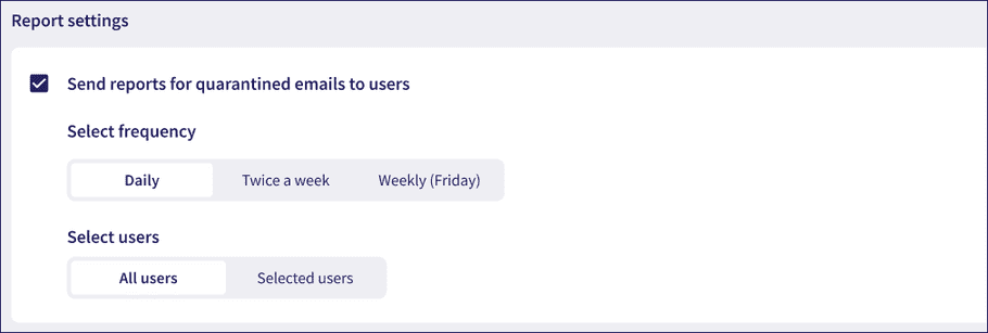 Quarantined email report settings
