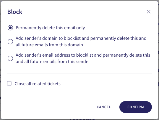 Email Security ticket block options