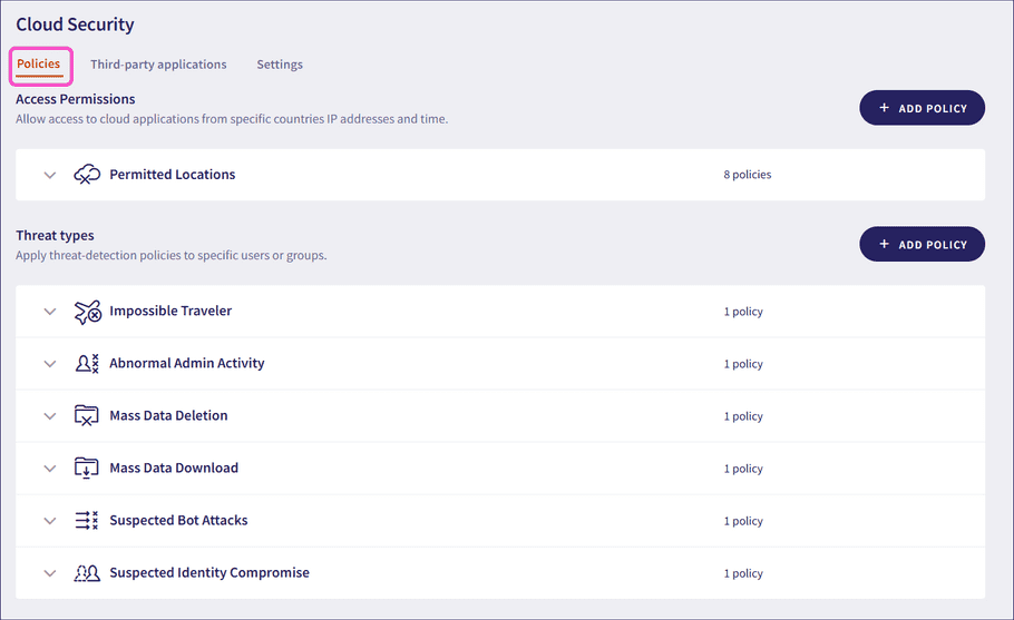 Cloud security policies tab
