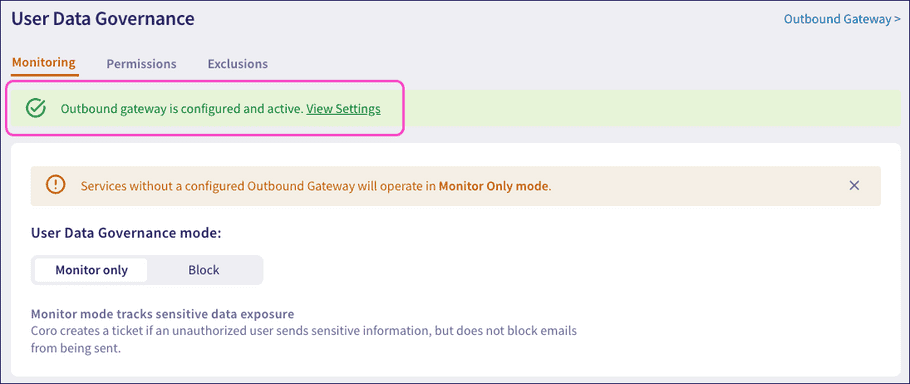 User Data Governance - Monitoring tab