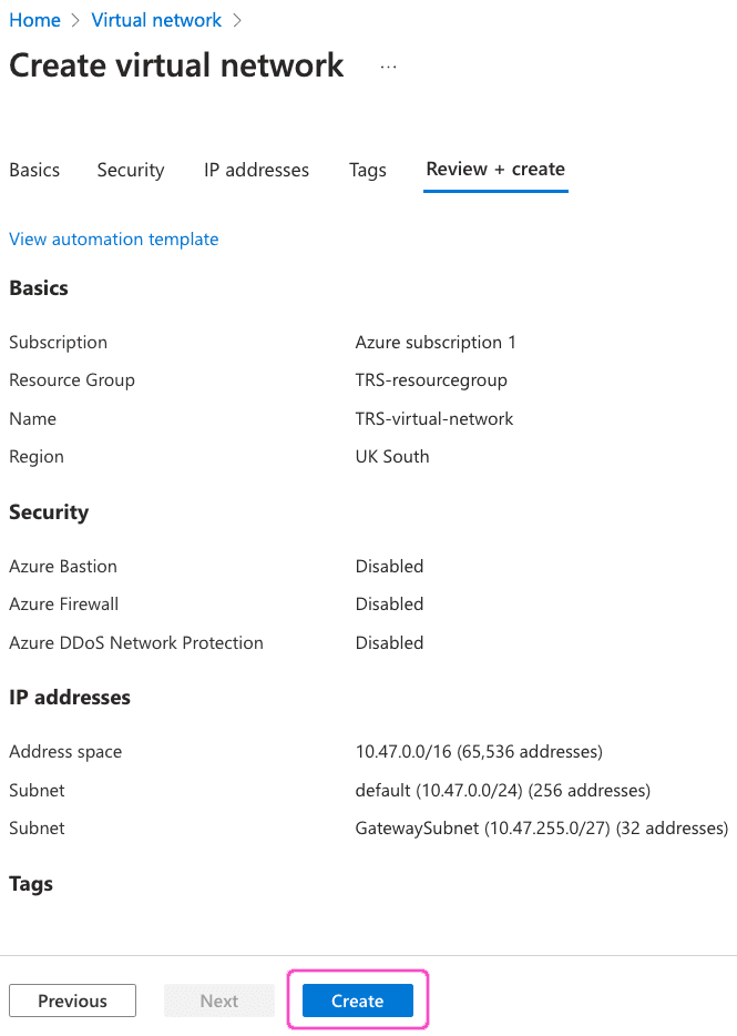 Azure Create virtual networks - Create the virtual network