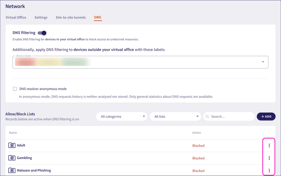 Menu of allow/block lists