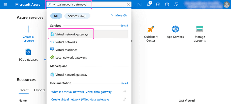 Azure search for virtual network gateways