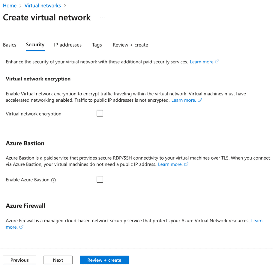 Azure Create virtual networks - Security tab