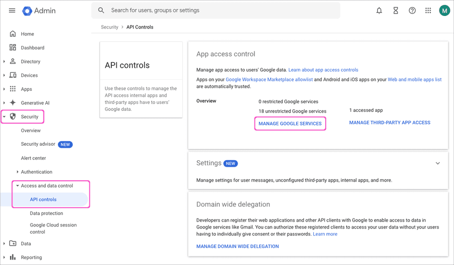 Google Workspace admin console API controls screen