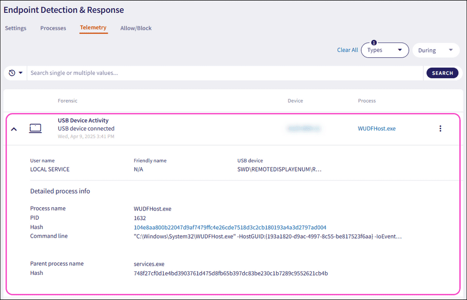 USB device activity detailed process info