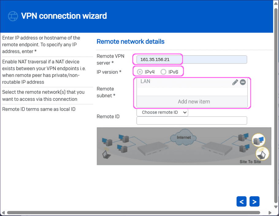 VPN connection wizard - remote network details