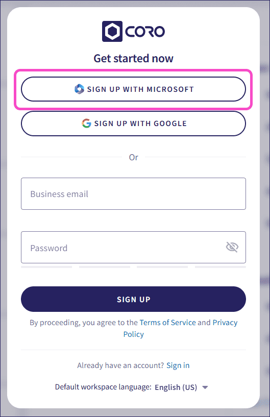Sign up with Microsoft button