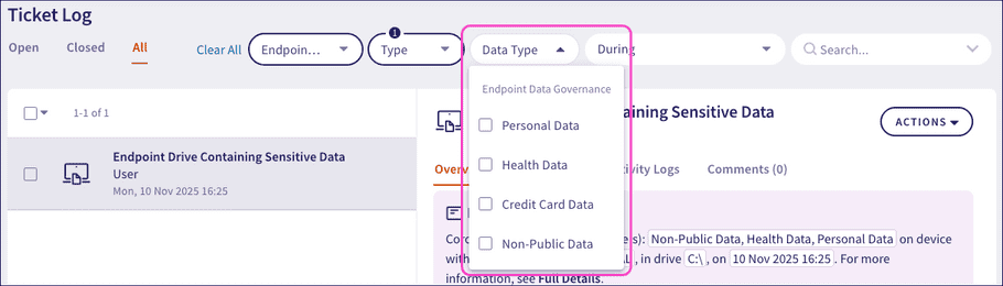 The Data Type filter for sensitive data tickets