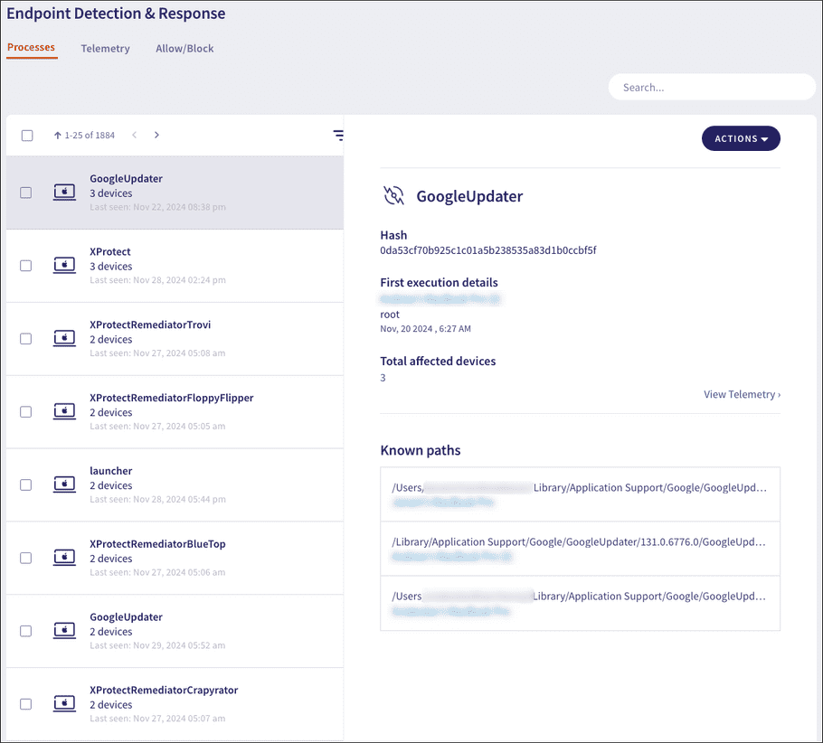 EDR Processes page